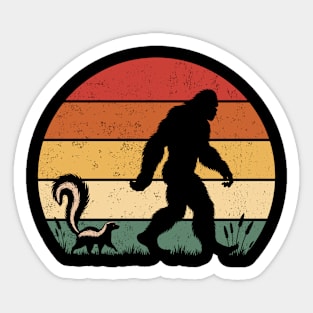 Bigfoot Sasquatch Walking With Striped Skunk Vintage Sunset Wild Animal Sticker